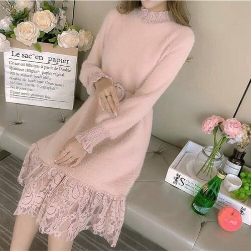Half turtleneck Dresses Women Autumn Winter Hippocampus Plush Long Lace Splice Fashion Belt Slim Bottoming Dresses Female 3099
