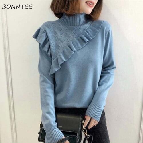 Pullovers Women Turtleneck Ruffles Solid Korean Style Elegant Sweet Ladies Fashionable All-match Loose Warm Autumn Chic Design