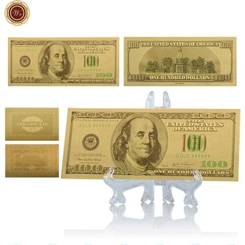 WR Luxury Home Decor 100 Dollar 24k Gold Banknote Creative 999.9 Gold Foil World Paper Money Souvenir Gifts with Stand