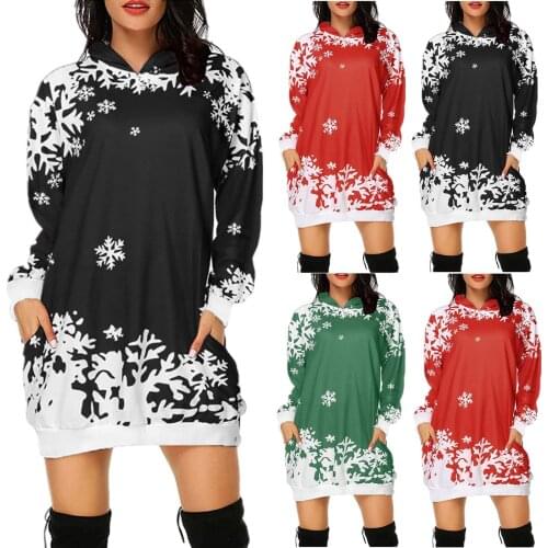 S-3XL Autumn Winter Sweatshirt Dress Women Fashion Christmas Hoodie Bag Hip Pocket Snowflake Print Hoodie Fashion Dress navidad