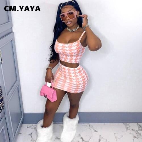 CM.YAYA Streetwear Houndstooth Womens Set Fashion Tank Tops and Midi Mini Skirts Matching Two 2 Piece Outfits Summer
