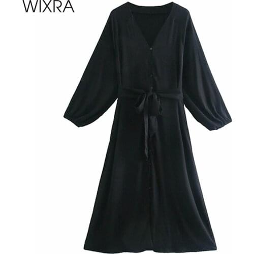 Wixra Basic V Neck Mid Calf Dresses Belts Womens Long Sleeve Elegant Casual Clothing Street Style Spring Autumn