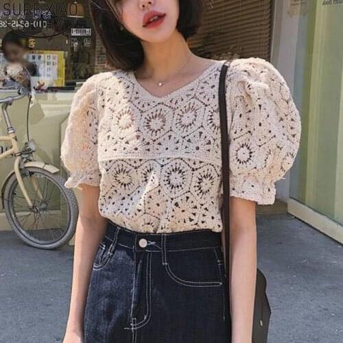 Women Hollow Out Blouse White Pullover Lace Shirts Women Blusas 2020 Summer Tops Womens Clothing Floral Puff Sleeve Blouses 9684