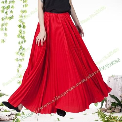 2018 Spring Summer Plus Size 5XL XXXXXL Feminina Red Satin Chiffon Pleated Female Dance Maxi Skirt Woman / Long Skirts Womens