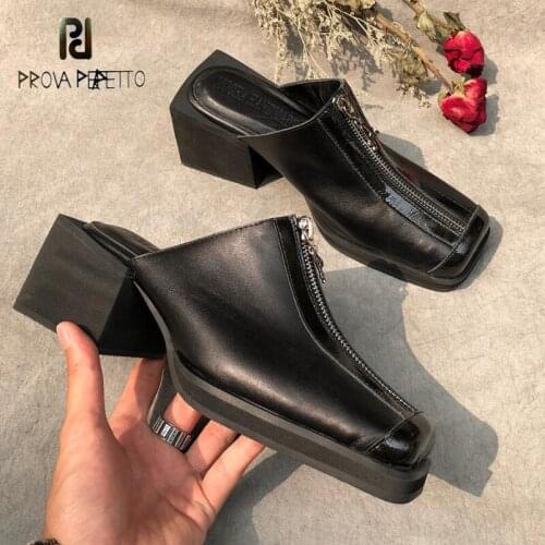 Summer Leather Square Toe Half Slippers Female New Thick Heel Metal Chain Retro Personality Muller Sandals and Slippers