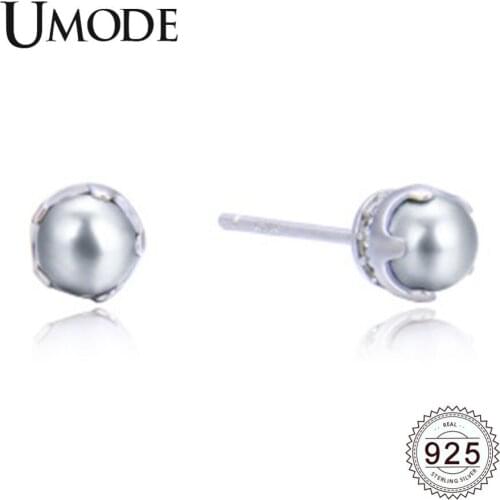 UMODE New White Round Pearl 925 Sterling Silver Stud Earrings for Women Small Cute Studs White Gold New Jewelry ALE0491