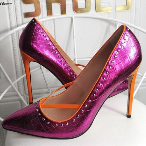 Olomm New Arrival Handmade Women Spring Pumps Studded Stiletto Heels Pointed Toe Gorgeous Dress Party Shoes Women US Size 5-15