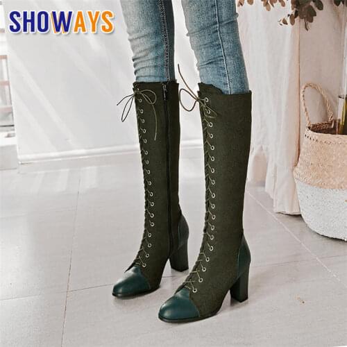 Big Size Women Knee-high Boots 7cm High Chunky Heel Black Grey Flock PU Party Office Lady Lace-up Zipper Long Plush Martin Boots