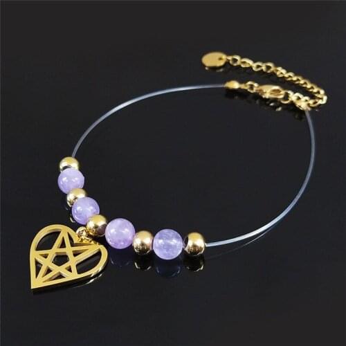 2021 Witchcraft Pentagram Natural Crystal Stainless Steel Fishing Line Anklet Bracelet Women Jewelry bijoux cheville A3513S04