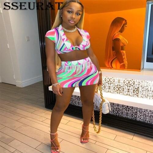 SSEURAT Two Piece Set Women Summer Dress Sexy 2 Piece Crop Top and Mini Skirt Suits Party Club Outfits for Women Sets Clothes