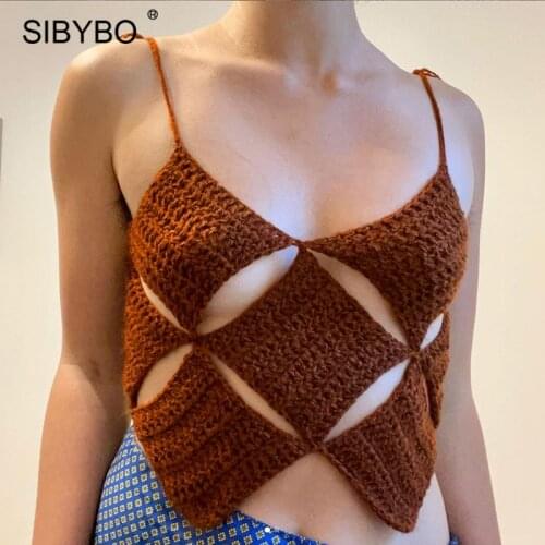 Sibybo Sexy Sleeveless Knitted Crop Top Women Summer Y2K Hollow Out Lace Up Camisoles Casual Tank Tops Fashion Streetwear 2021
