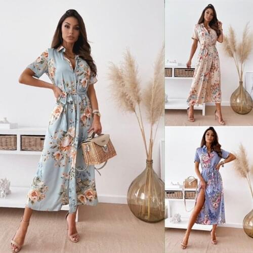 Summer Women Floral Print Long Dress 2021 Casual Bandage Split Boho Beach Robe Elegant Blue Buttons Short Sleeve Shirt Vestidos