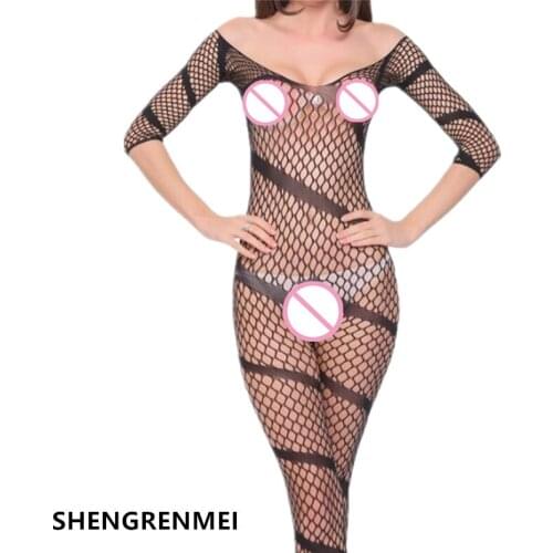 SHENGRENMEI Long Sleeves Lingerie Big Elasticity Underwear Women Crotchless Bodysuit Oblique Stripe Teddies Catsuit dropshipping