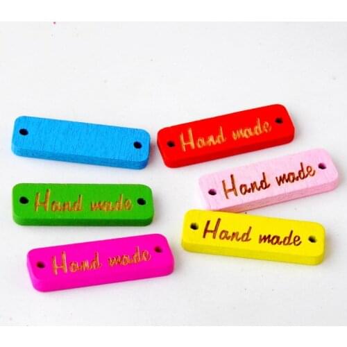Free Shipping 100Pcs Random Mixed Rectangle Painting With "Hand made" 2 Holes Wood Connectors Sewing 30x10mm J2990