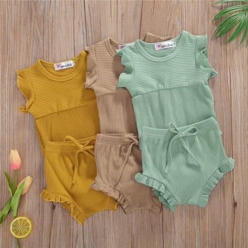 Infant Kid Baby Girls Summer Clothes Newborn Baby Girls Ruffles Sleeveless Knitted Bodysuits Shorts Ribbed Outfits 2pcs