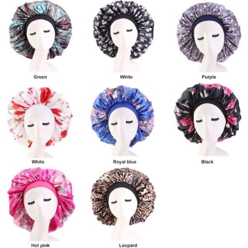 2020 extra large satin printed night hat wide brim elastic round cap artificial silk chemotherapy cap sleeping caps for adults
