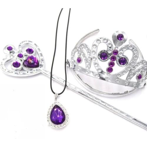 3pcs/set Baby Girls Gift Princess Purple Teardrop Amulet Pendant Charm PU Necklaces Tiara Crown Magic Wand Jewelry Set For Child