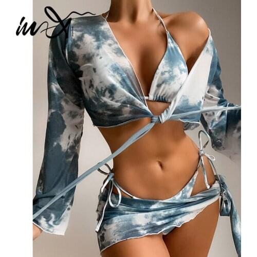 In-X Tie die bikini 2021 Long sleeves swimsuit women Skirts 4 pieces set Sexy swimwear female String halter bathing suit summer