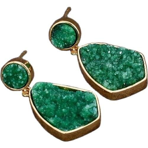 GG Jewelry Green Quartz Druzy Crystal Agate Gold Plated Dangle Stud Earrings