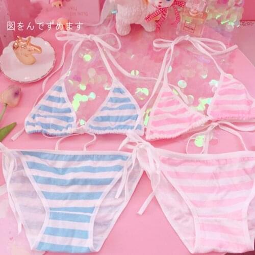 Sexy Lingerie Set Kawaii Blue Pink White Striped Mini Bikini Cute Anime Cosplay Costumes Bra and Panties Women Underwear