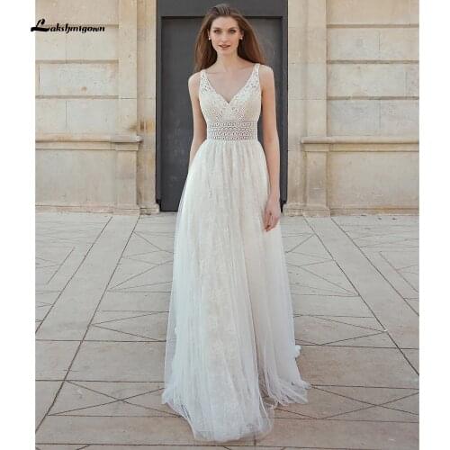 Deep V-neck Lace Wedding Gowns A-line Backless Bride Dress Robe de Mariee Sweep Train Bridal Dresses