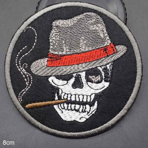 Smoking Green Skull with Hat a Knife special forces Patches for Clothes Sew Iron on Appliques Round Badges
