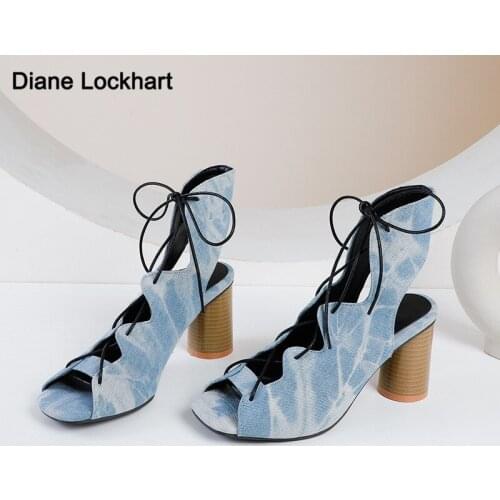 Summer High Heels Ankle Boots Peep Toe Cross Tied Gladiator Sandals Women Thick heel Shoes Fashion Ladies Party shoes 32-43