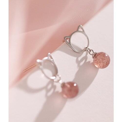Fashion Cute Cat Drop Earrings S925 Silvery Jewelry Hanging Strawberry Crystal Stone Womens Statement Wedding Dainty Fun Gifts