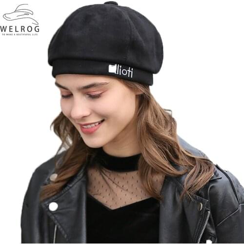 WELROG Solid Color Octagonal Autumn Winter Hats For Women Fashion Wool Beanie Letter Pumpkin Hat Wild Newsboy Cap New Beret