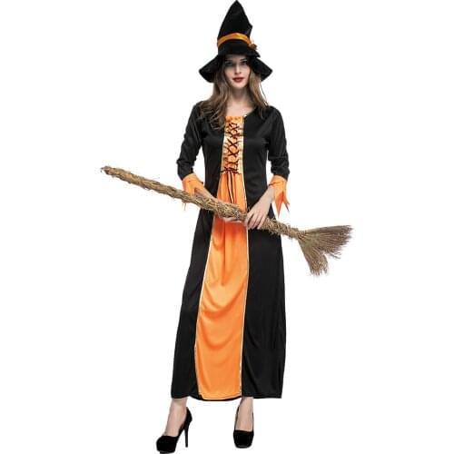 Orange Adult Women Witch Long Dress Pumpkin Costume Sexy Halloween Party Cosplay Dress Enchanter Magic Dress With Hat
