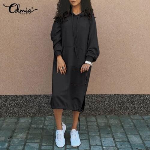 Womens Winter Fleece Dress CelmiaFashion Long Sleeve Warm Hooded Dress Solid Casual Loose Sweatshirt Dresses Drawstring Robe 7