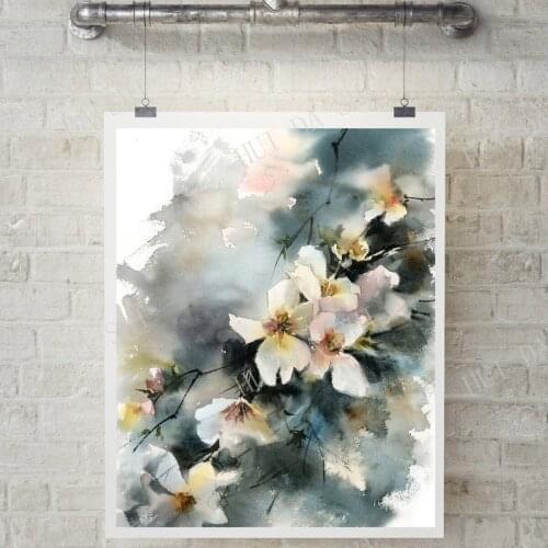 Almond Blossoms Prints, Gallery Wall Art Prints Set, White Teal Floral Watercolor Loose Style Painting Art, Flowers Prints Set