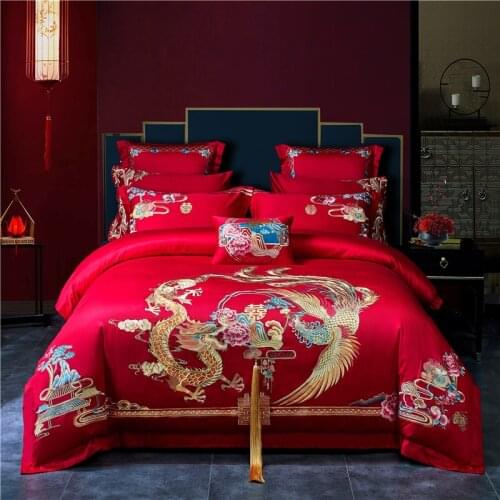 Luxury Chinese Wedding Bedding Set 600TC Egyptian Cotton Gold Long Phoenix Embroidery Duvet Cover Bed Sheet/Bedspread Pillowcase