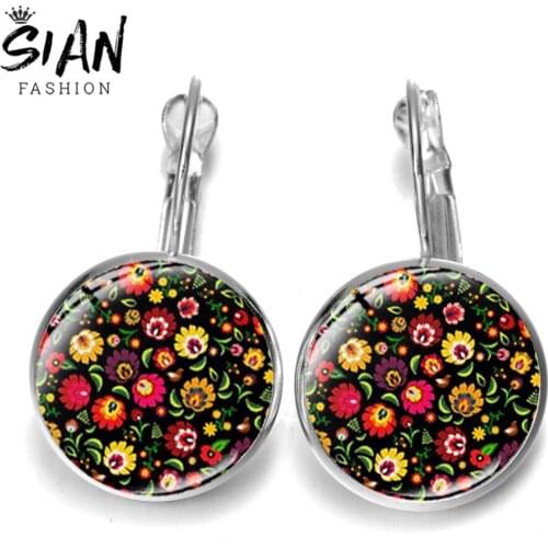 SIAN Newest Polish Folk Art Patterns Earrings 2019 Charm Flower Leaves Glass Photo French Hook Earring Handmade Fashion Jewelry