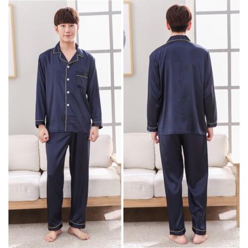 Navy Blue Mens Nightwear 2pc Shirt Pants Sleep Pajamas Sets Sleepwear Spring Autumn Rayon Silk Nightgown Robe Clothes L - XXXL