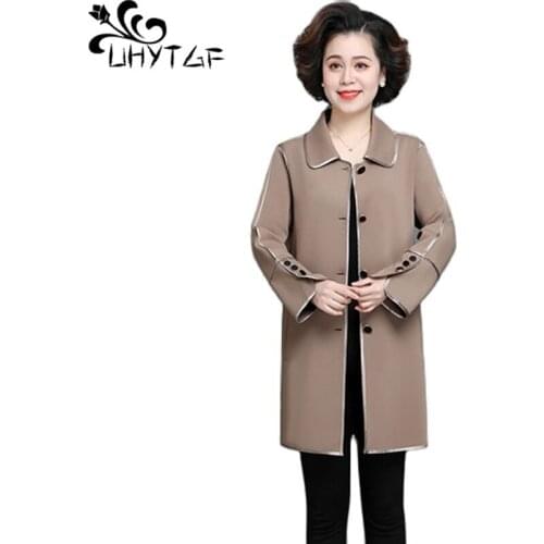 UHYTGF Middle-Aged Mom Spring Autumn Windbreaker Womens Coats 2021 New Fashion Single-Breasted Casual 5XL Plus Size Jacket 1735