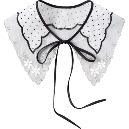 Women Sheer False Collar Shawl Vintage Polka Dot Embroidery Floral Necklace Gothic Retro Self-Tie Bow Dickey Mini Poncho