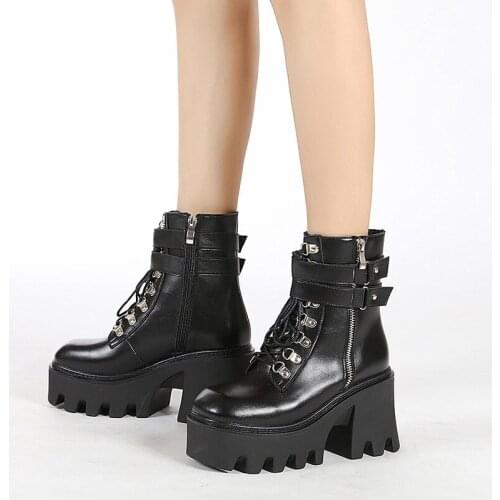 2021 Lace Up Platform Boots Women Black Gothic Ankle Boots For Women Belt Buckle Strap Side Zipper Rubber Sole High Quality