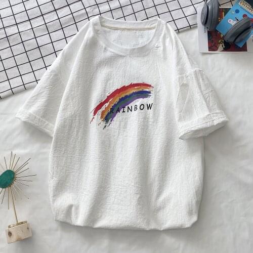 Oversized 5XL Cotton Linen Women T-Shirts Summer New 2021 Rainbow Printed Loose Casual All Match Female Pulls Outwear Tops Tees