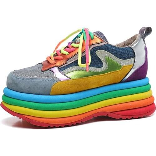 Womens Sneakers Rainbow Colors Platform Genuine Leather Lace Up High Heel Shoes Luxury New 2022