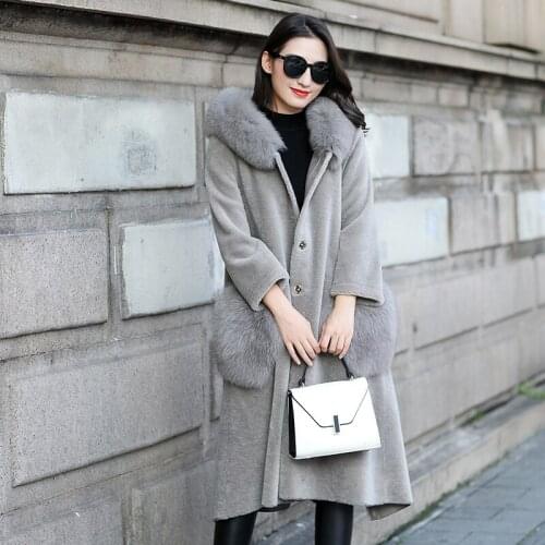 Fur Real 2020 Coat Female Sheep Shearling Fur Coats Winter Jacket Women Fox Fur Collar Wool Coat korean Long Jacket MY s