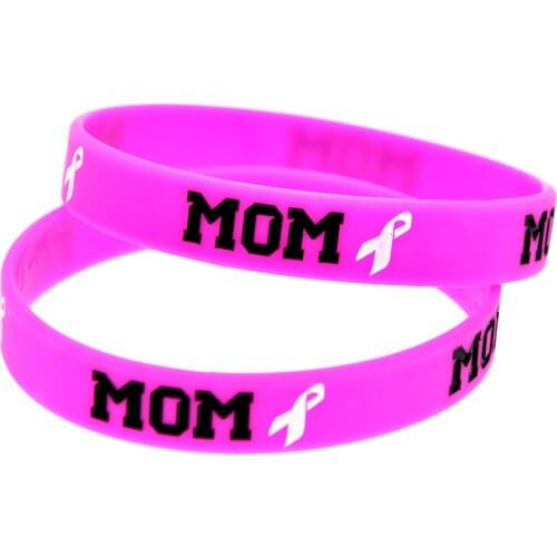 1PC Mom with Cancer Ribbon Silicone Wristband Pink Debossed Logo