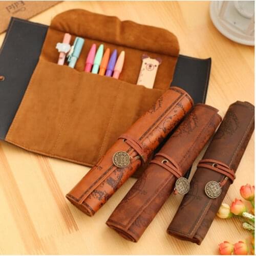 1pc Vintage Pencil Cases Creative Treasure Map Roll Up Pu Leather Pen Bags Multifunction Cosmetic Pouch Pocket Brush Holder
