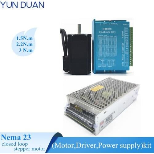 2.2/1.5/3N.m CNC kit Nema23 Closed Loop Stepper Motor Kit with motor driver and Power Supply, 200W,24V switch power supply