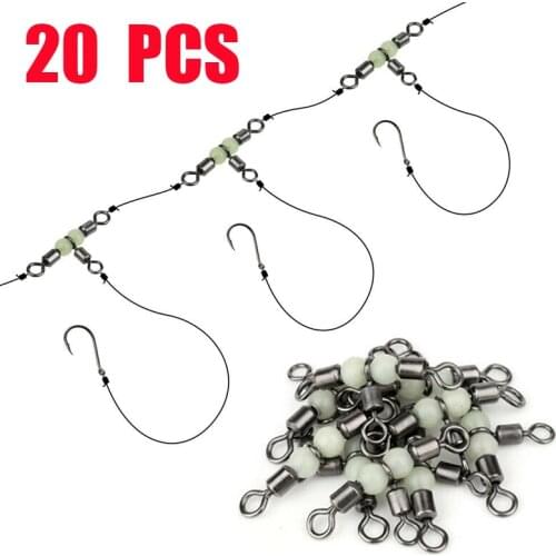 20pcs 3-Way Luminous Fishing Swivel Connector T Shape Bearing Rolling Barrel Beads Fishhook Lure Line Connector Fishing Tackle