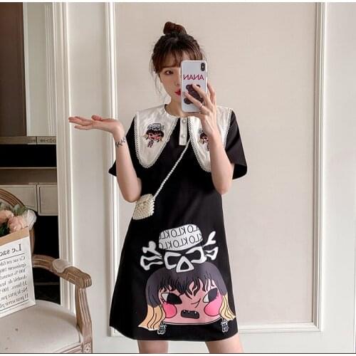 964# Maternity Dress Summer Short Sleeves Cartoon Printing Easy Matching Loose Stylish Dress Pregnant Women Mom Dress