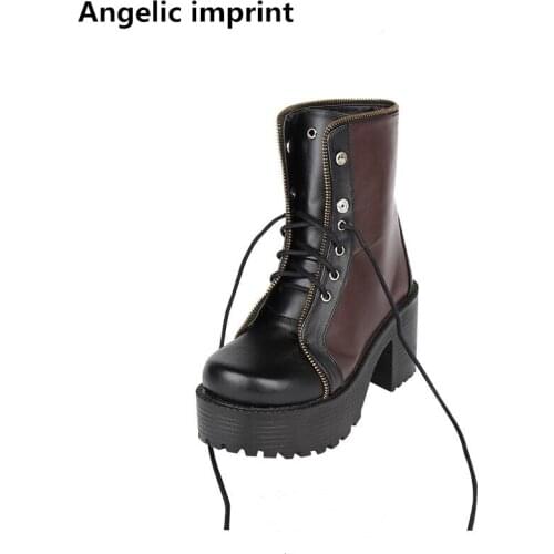 Angelic imprint mori girl Women punk motorcycle boots lady lolita ankle Boots woman high trifle heels pumps platform shoes 33-47