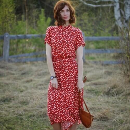 GOOHOJIO Polka Dots Print White Summer Dress Women A-Line Short Sleeve Vintage Midi Dress Casual Holiday Beach Dress Vestidos