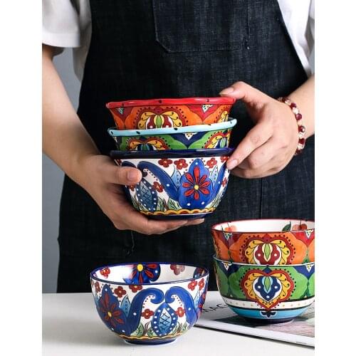Bohemian hand-painted bowl ceramic rice bowl household rice bowl fruit salad bowl creative tableware personality flower bowl