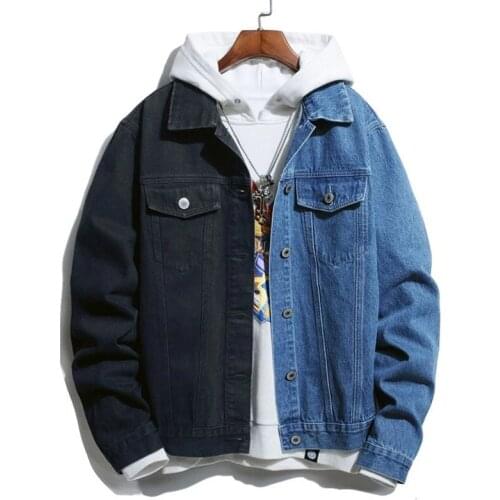 Men Streetwear Black Blue Two-tone Patchwork Slim Fit Jean Jackets Motorcycle Man Hip hop Cotton Casual Denim Jackets Coats